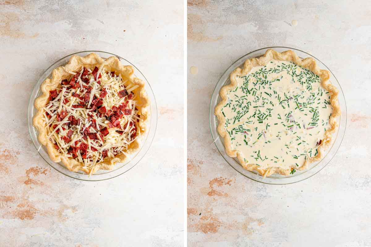 Quiche Lorraine filling poured into a par-baked pie crust.