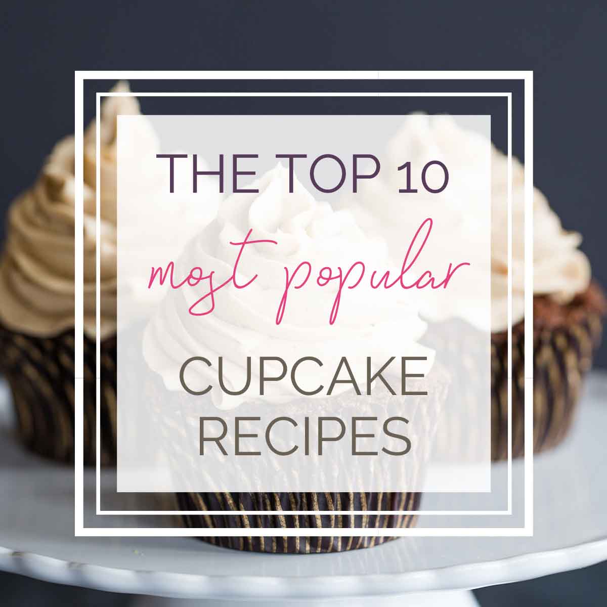Three cupcakes with an text box on top that says the top 10 most popular cupcake recipes.