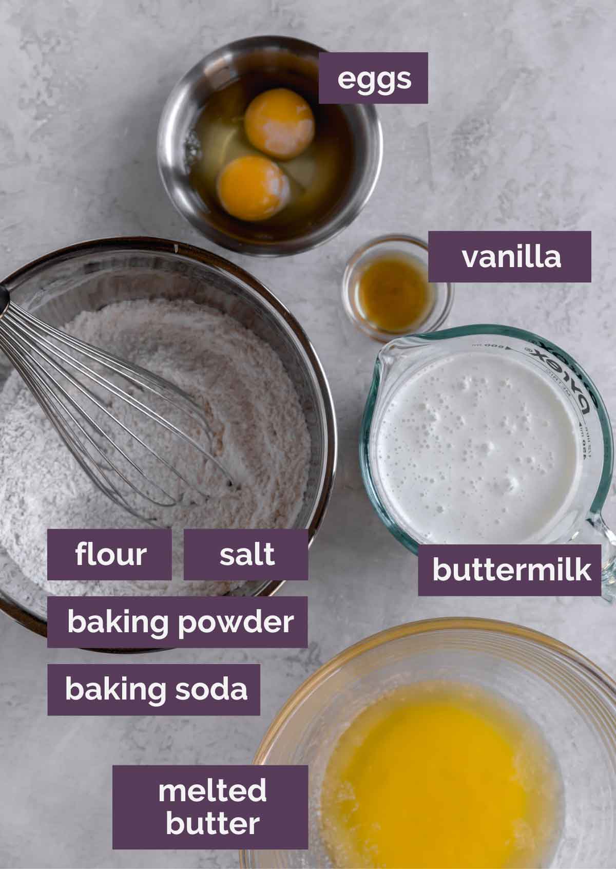 Ingredients for buttermilk waffles prepped and labeled.