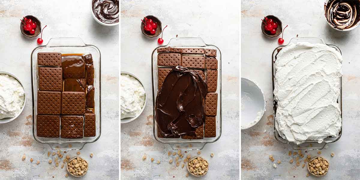 Layers of ice cream sandwiches, hot fudge, and whipped topping in a glass baking dish.