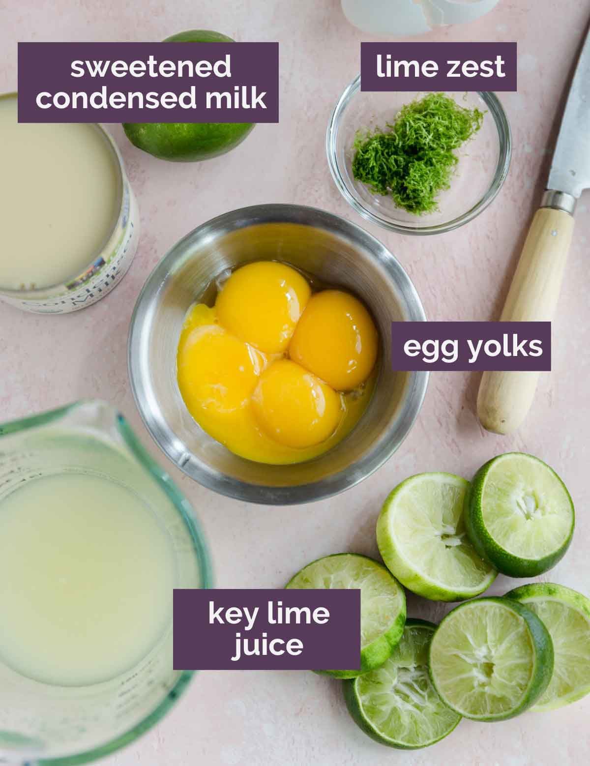 Ingredients for key lime pie filling prepped and labeled.