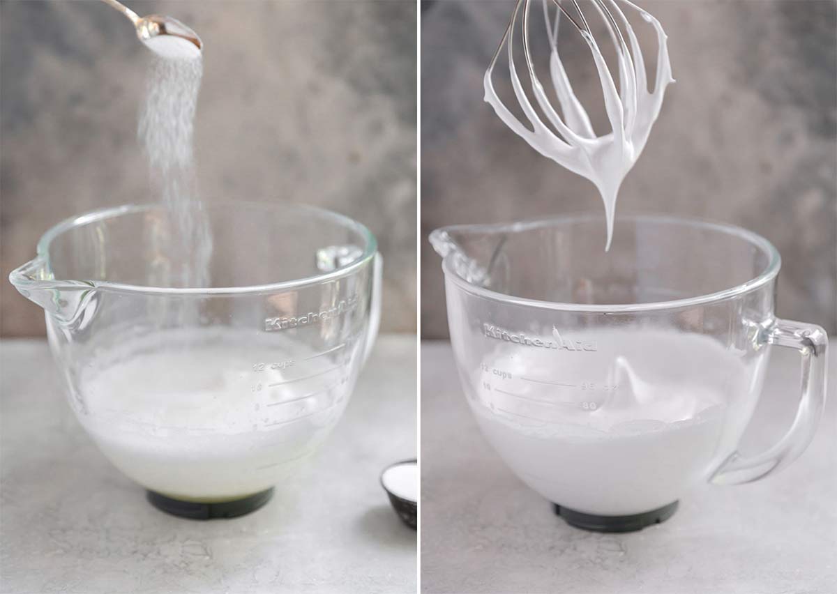 Sugar being added to egg whites, then a photo of whipped meringue.