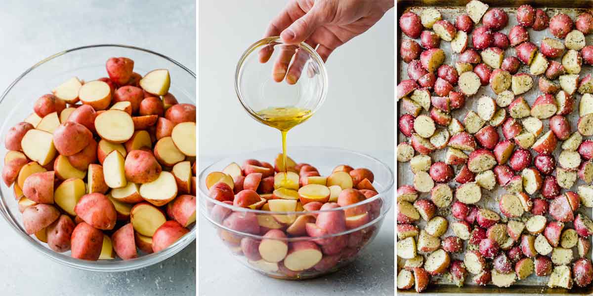 Side by side photos of red potatoes cut in a bowl, being drizzled with olive oil, and on a baking sheet with herbs.