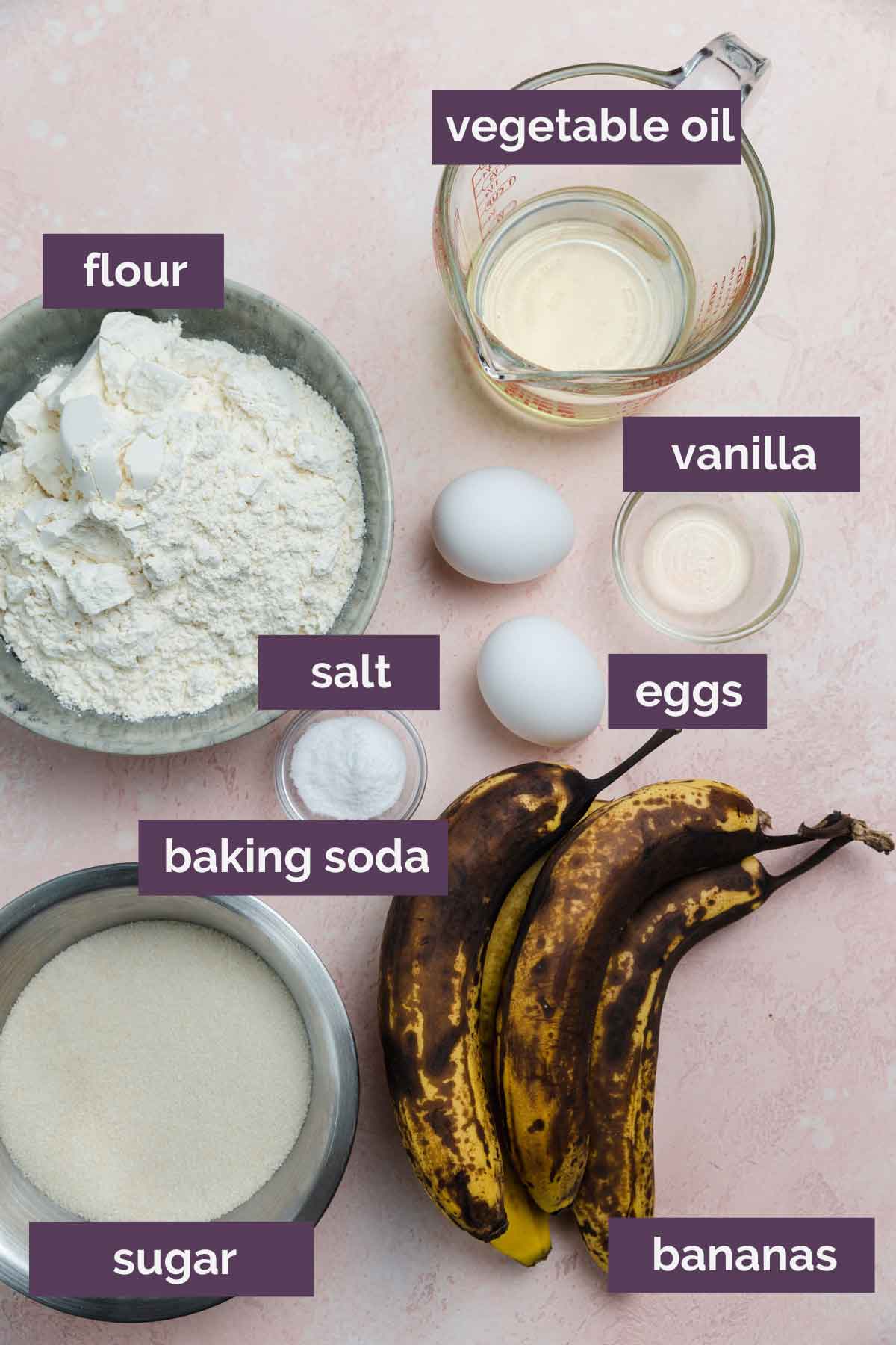 Ingredients for banana bread prepped and labeled.