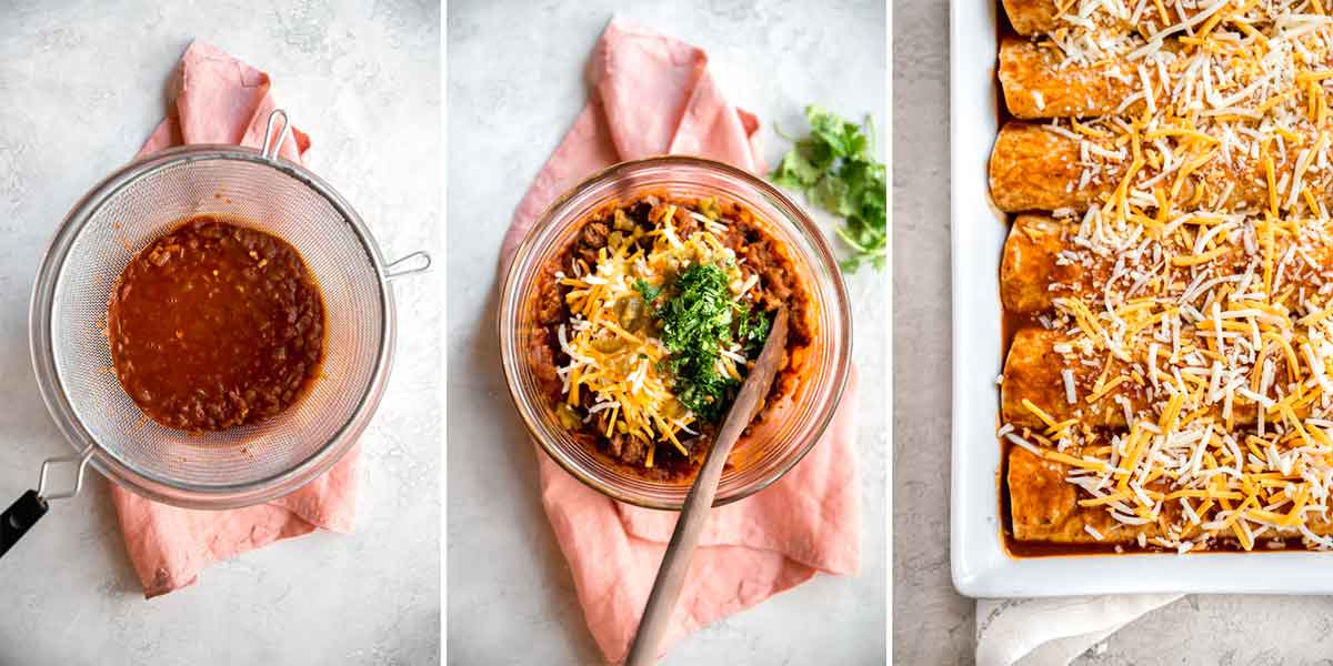 Three photos showing strained sauce, a bowl of enchilada filling, and assembled enchiladas prior to baking.