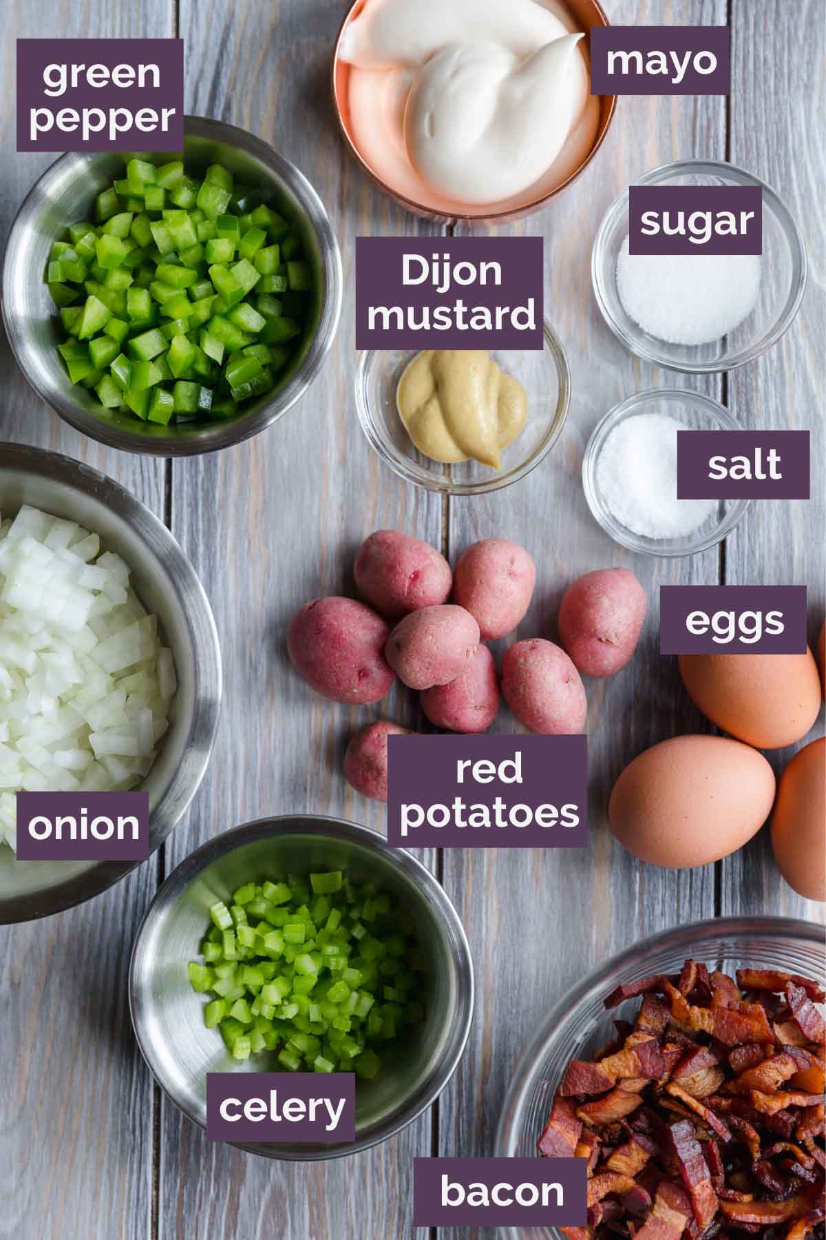 Ingredients for potato salad prepped and labeled.