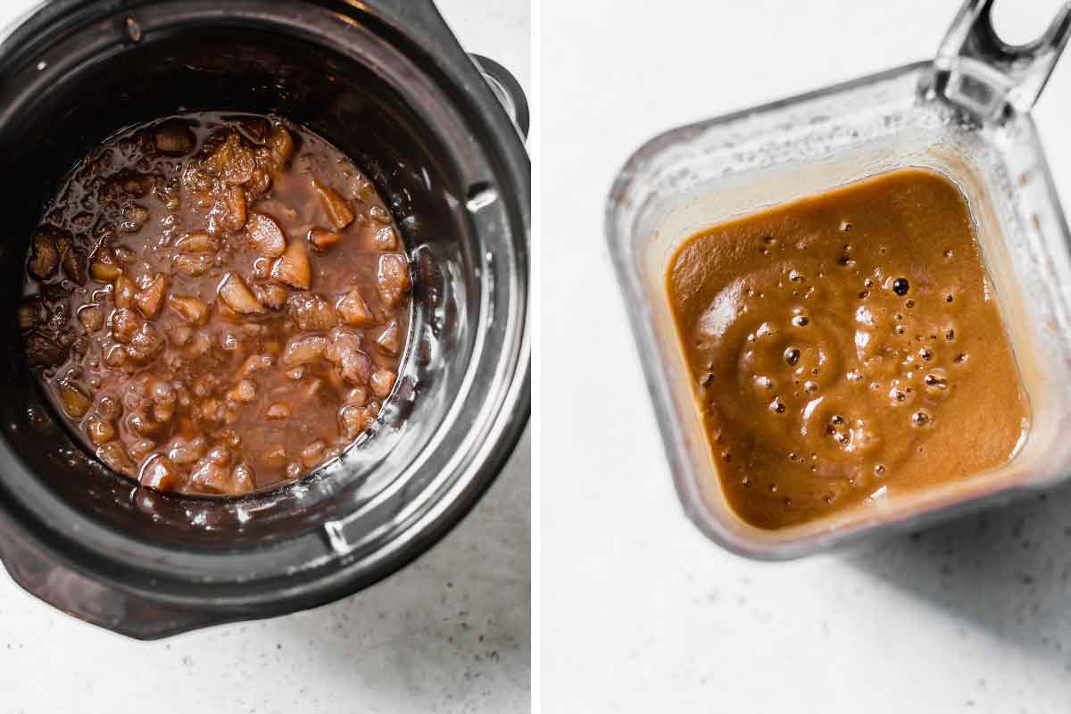 Apples cooked down in a slow cooker, next to an image of a blender jar with pureed apple butter inside.