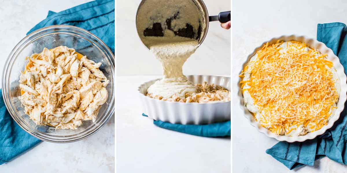 Three photo collage of preparing buffalo chicken dip before baking.