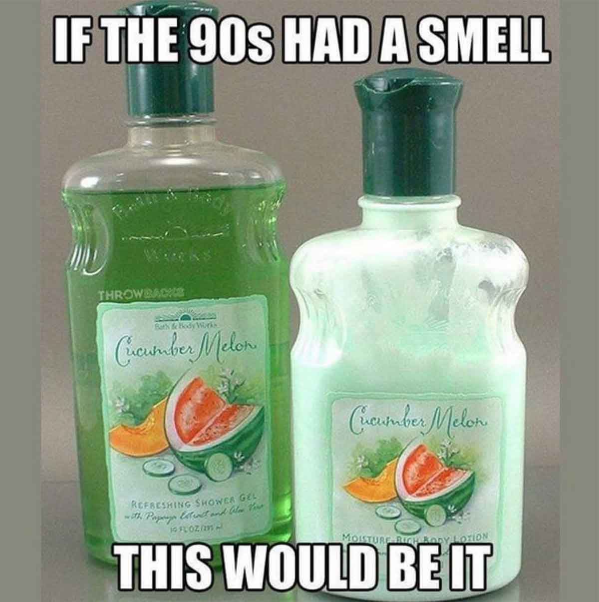 Bottles of cucumber melon-scented body wash and body lotion.