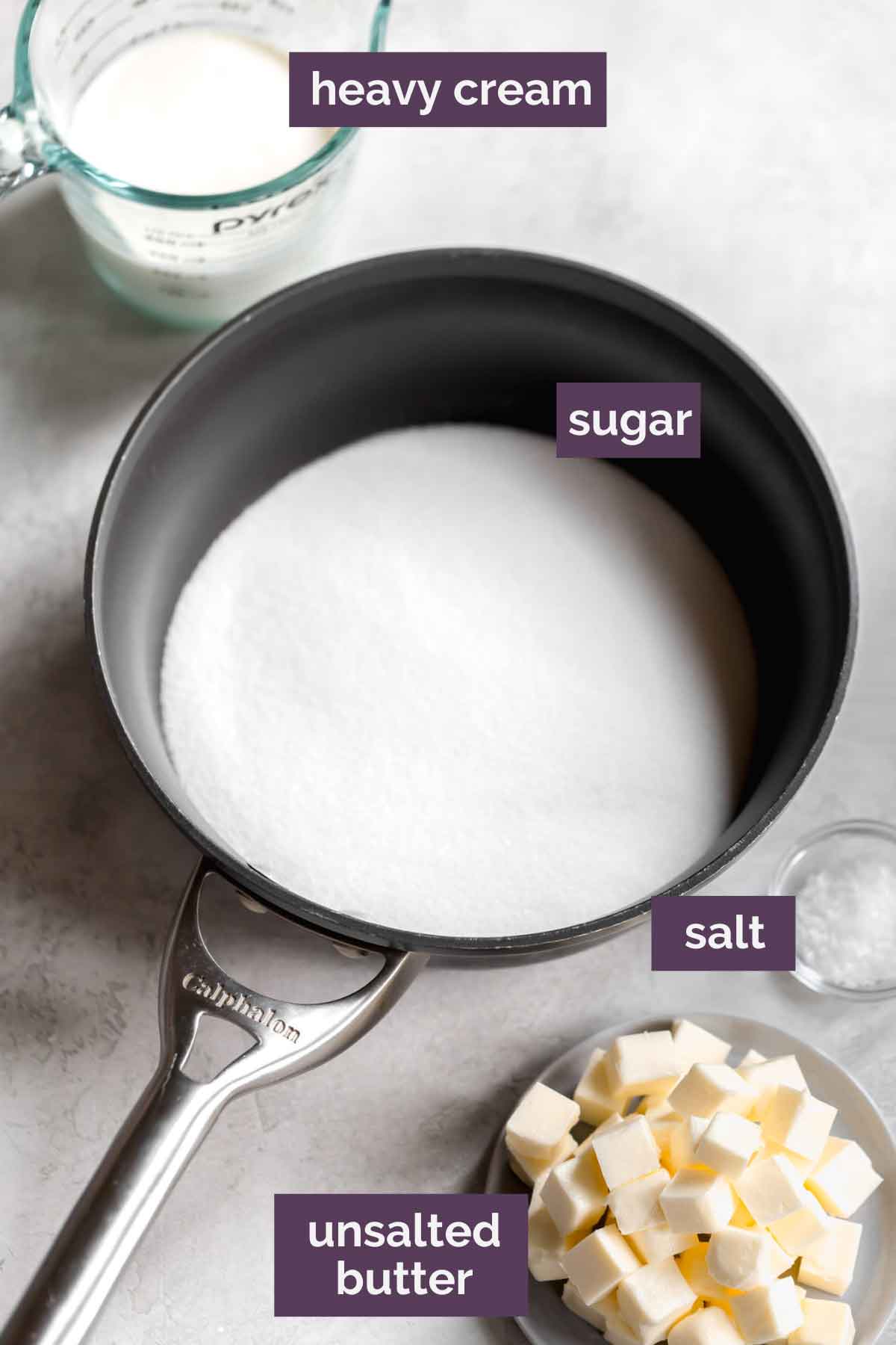 Ingredients for salted caramel sauce prepped and labeled.