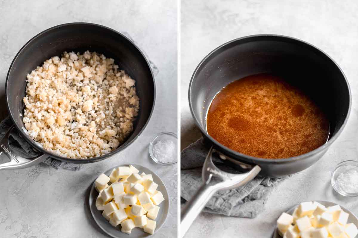 Sugar in the process of being melted alongside a picture of it completely melted and amber brown in color.