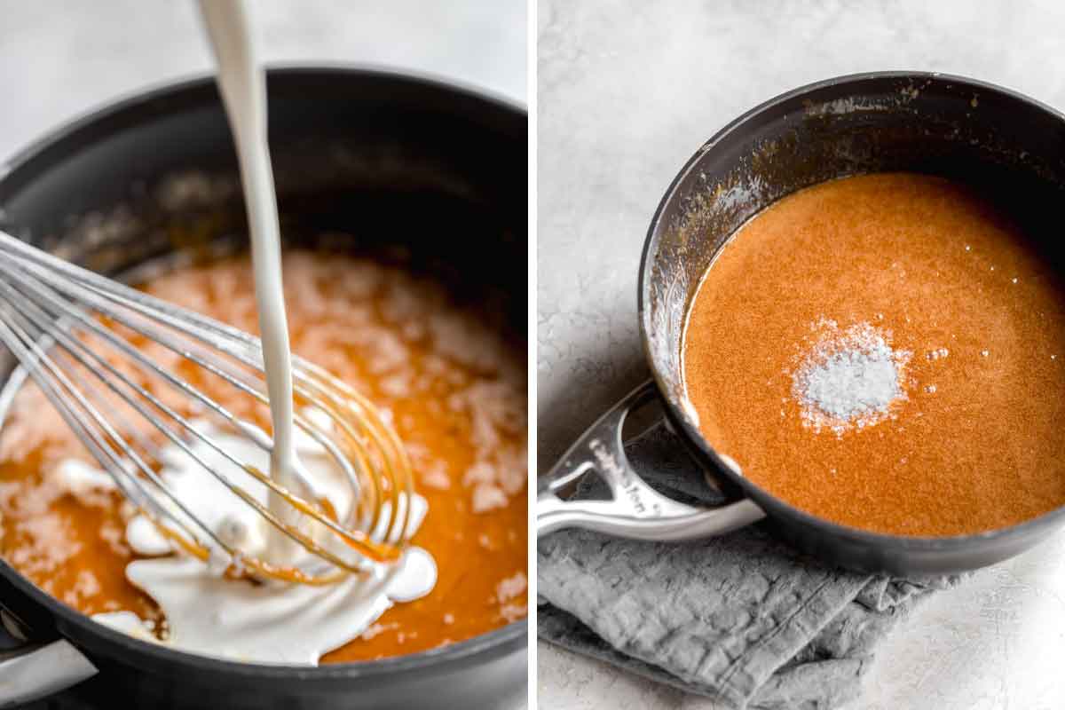 Heavy cream being poured into caramel sauce, then salt is added.