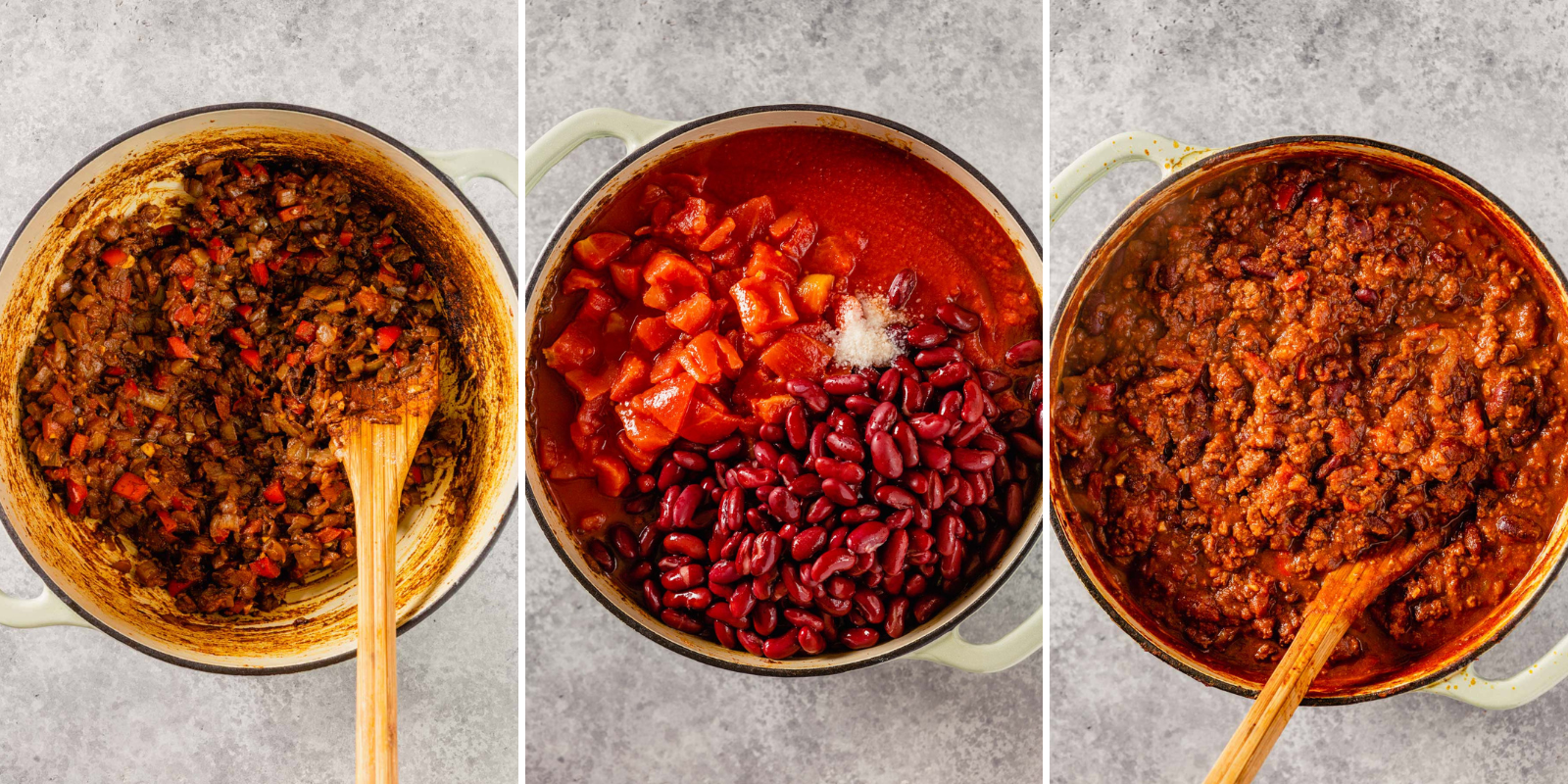 Three photo collage of cooking process for beef chili.