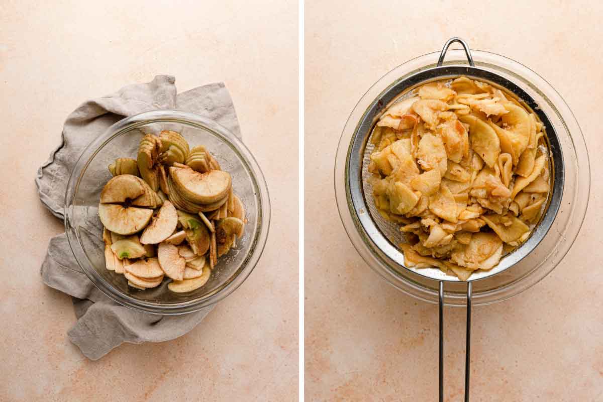 Side by side photos: Sliced apples tossed with sugar and cinnamon, then cooked apples in a strainer set over a bowl.