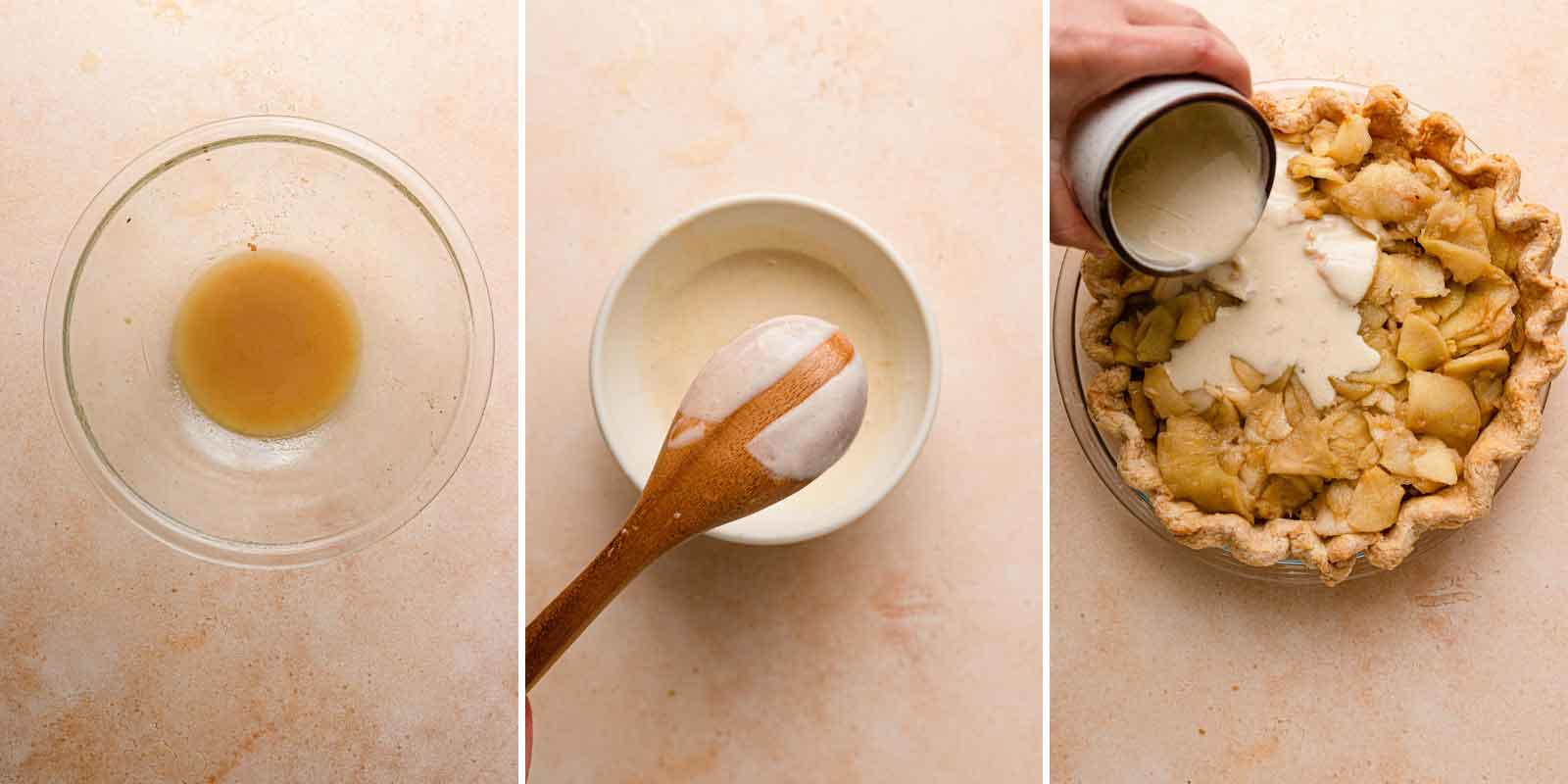 Series of photos showing apples juices and cream reduction being poured over apples in a pie crust.