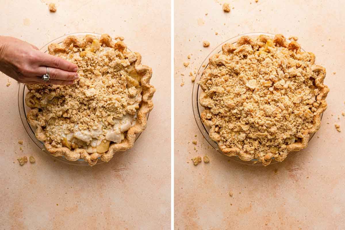 Side by side photos of adding the crumble topping to the top of a Dutch apple pie.