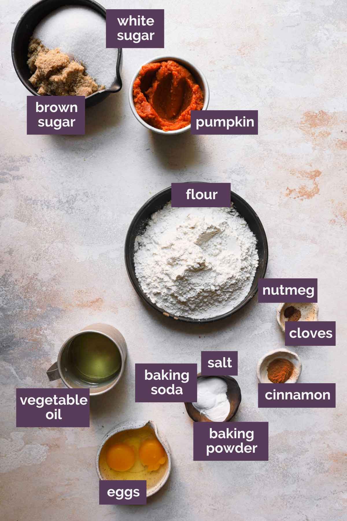 Ingredients for pumpkin cupcakes prepped and labeled.