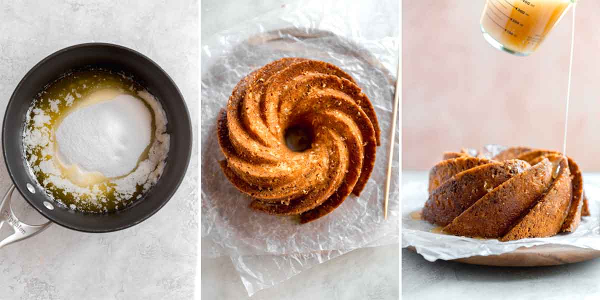 Photo collage of rum syrup on the stovetop, rum cake with holes poked over top, and rum syrup being poured over cake.