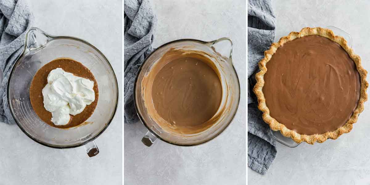 Whipped cream being folded into chocolate mixture and chocolate filling spread into baked pie shell.