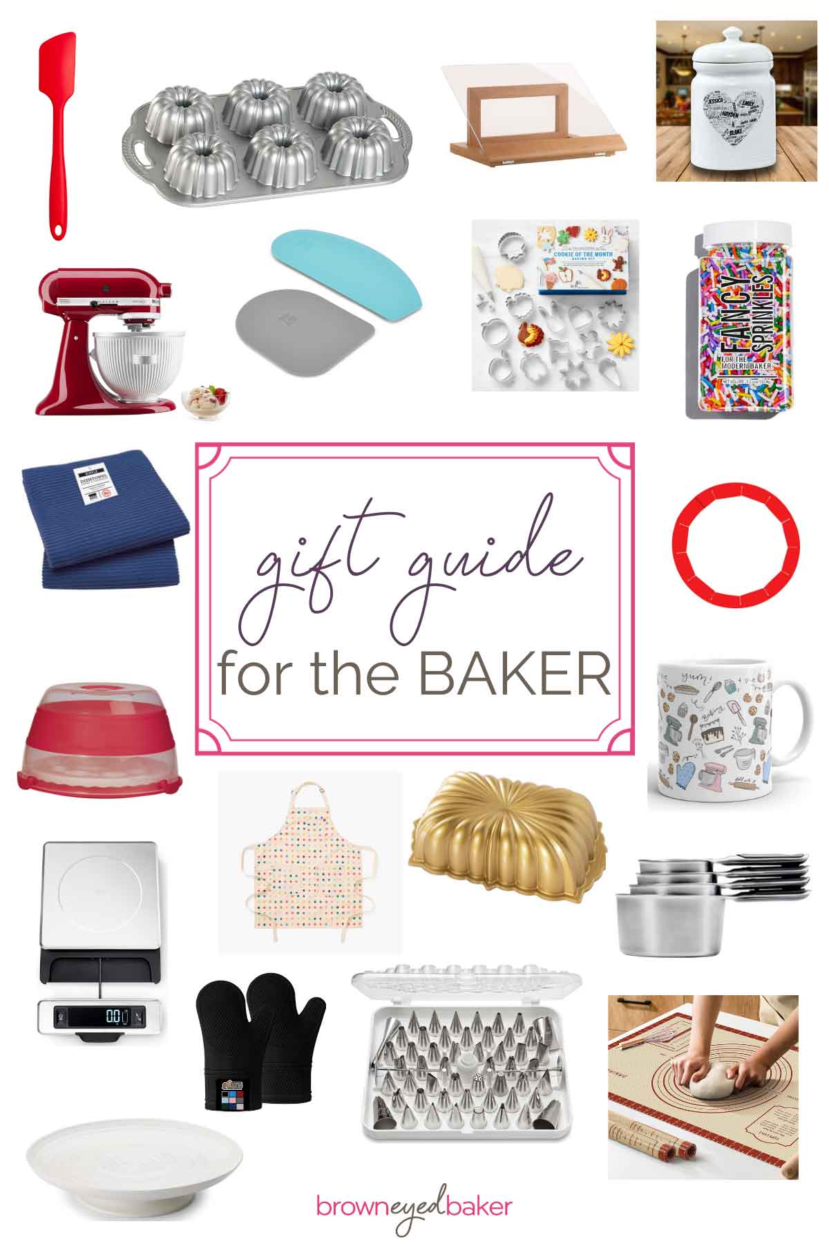 Collage of product images with a pink frame in the center and text inside: "gift guide for the baker".