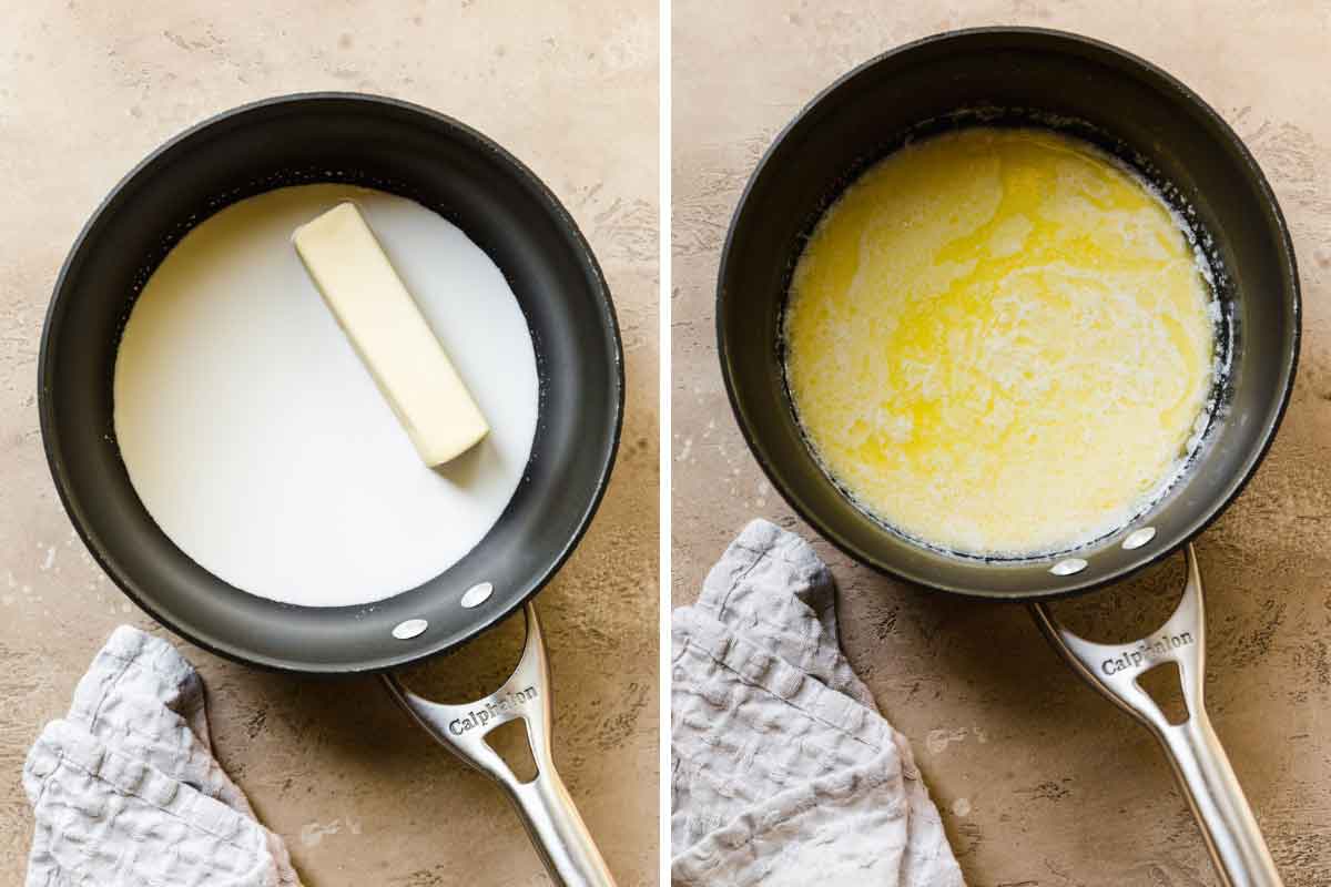 Butter and half-and-half melted together in a small black saucepan.