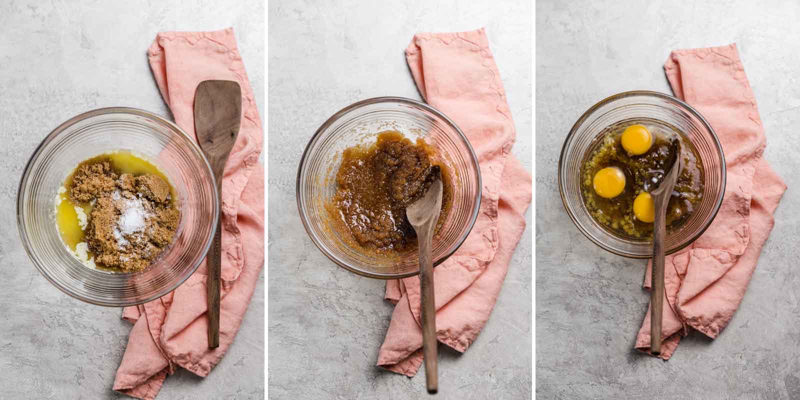 Three-wide photo collage of mixing together filling for pecan pie.