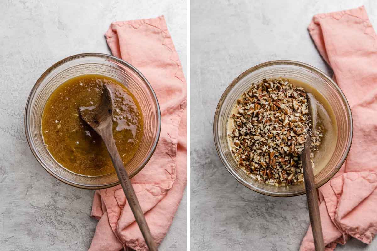 Side by side photos of cooked pecan pie filling with chopped pecans ready to be stirred in.