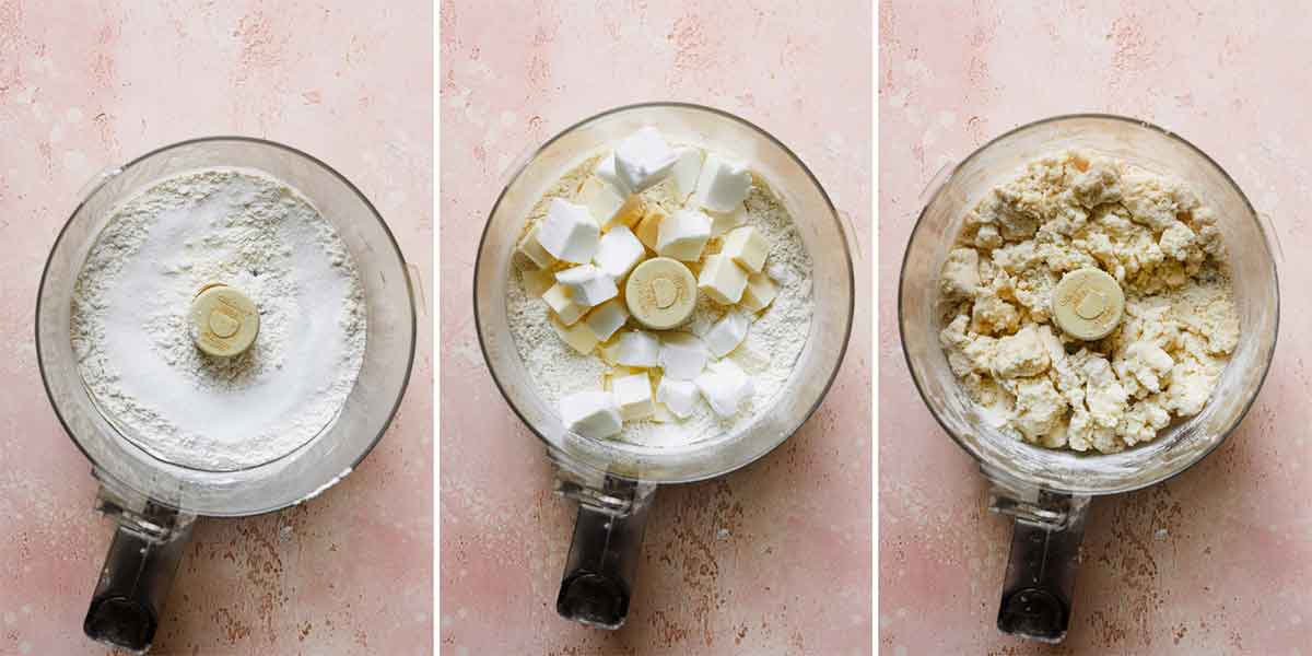 Step by step photos of pie crust being mixed together in a food processor.