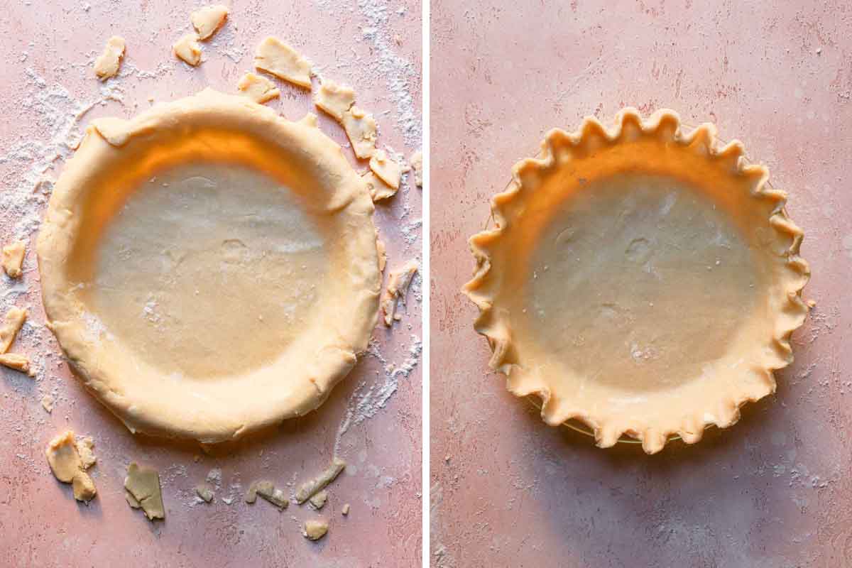 Photos of a pie crust trimmed over a pie plate, then of it being crimped.