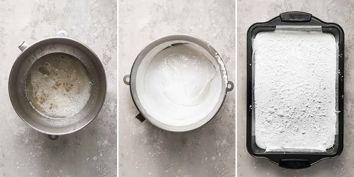 Three photo collage: sugar syrup in mixing bowl, marshmallow mixture after whipping in mixing bowl, and marshmallow mixture spread out in pan and coated with powdered sugar and cornstarch.