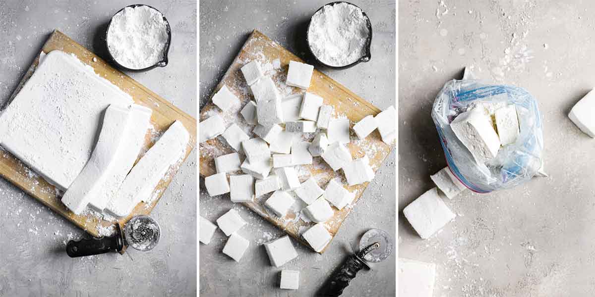 Three photo collage: marshmallow slab cut into strips, then cut into squares, then squares in ziploc bag with powdered sugar and cornstarch.