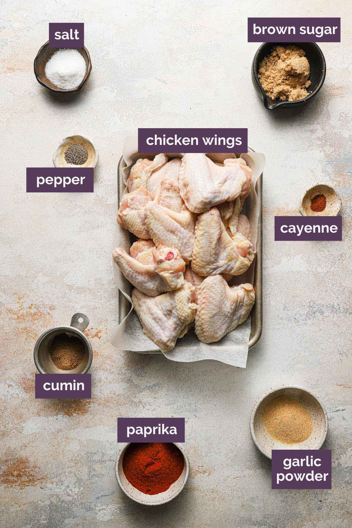 Ingredients for crispy baked chicken wings prepped and labeled.