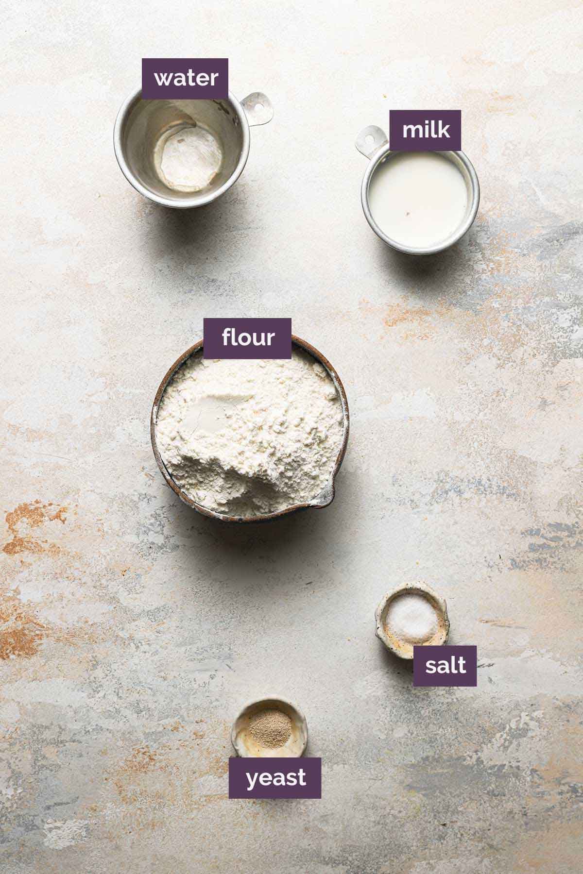 Ingredients for ciabatta bread dough prepped and labeled.