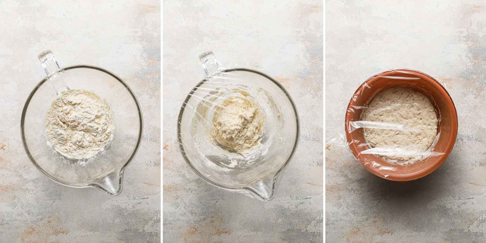 Step by step photos of the sponge (biga) for ciabatta bread, first mixed together, then after an overnight rise.