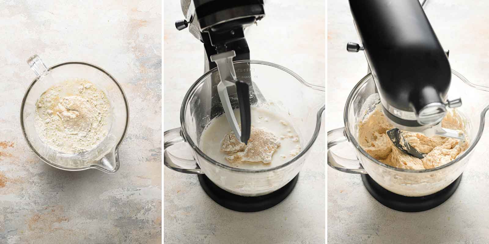 Three side-by-side photos of ciabatta bread dough being mixed in a stand mixer.