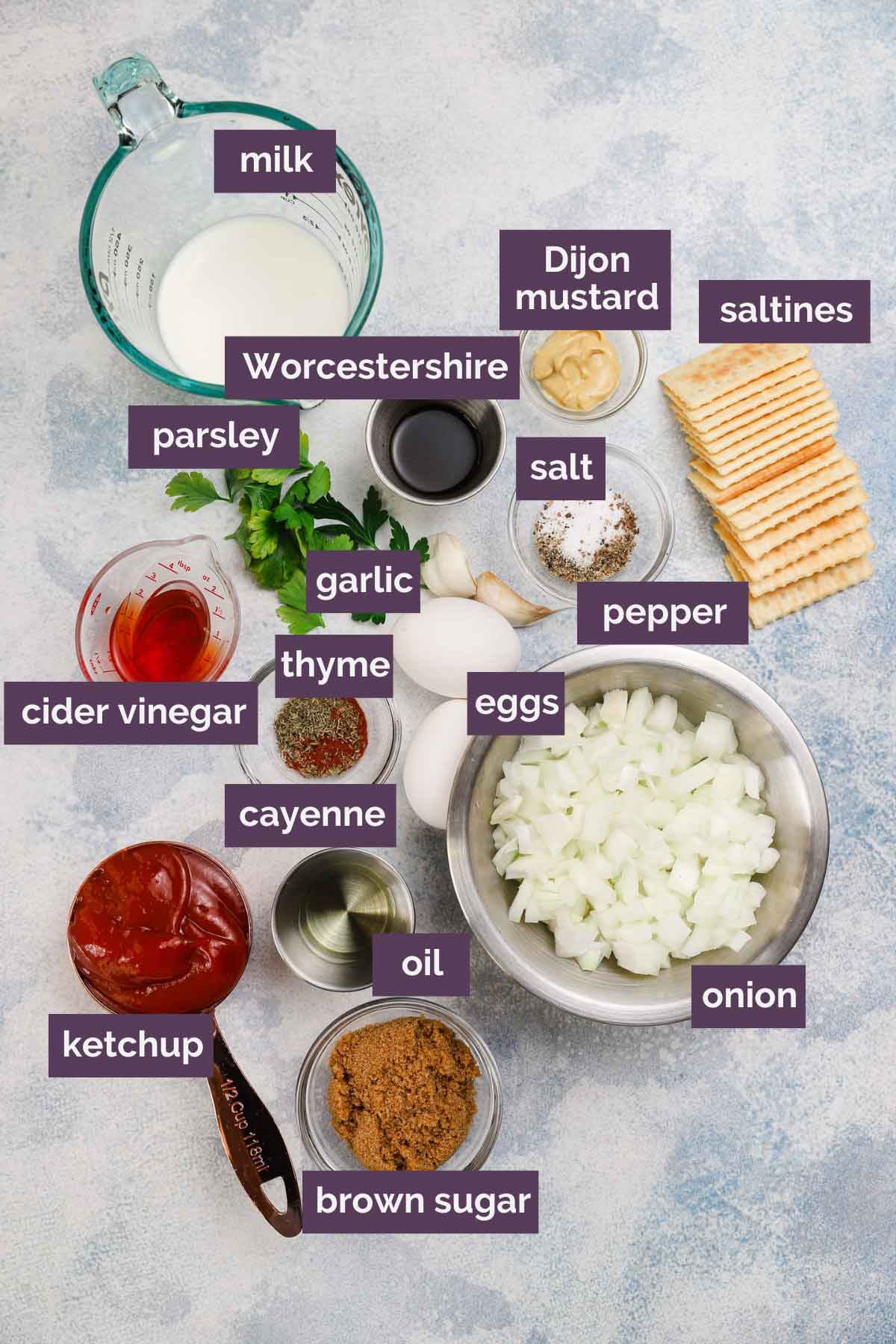 Ingredients for a traditional meatloaf recipe prepped and labeled.