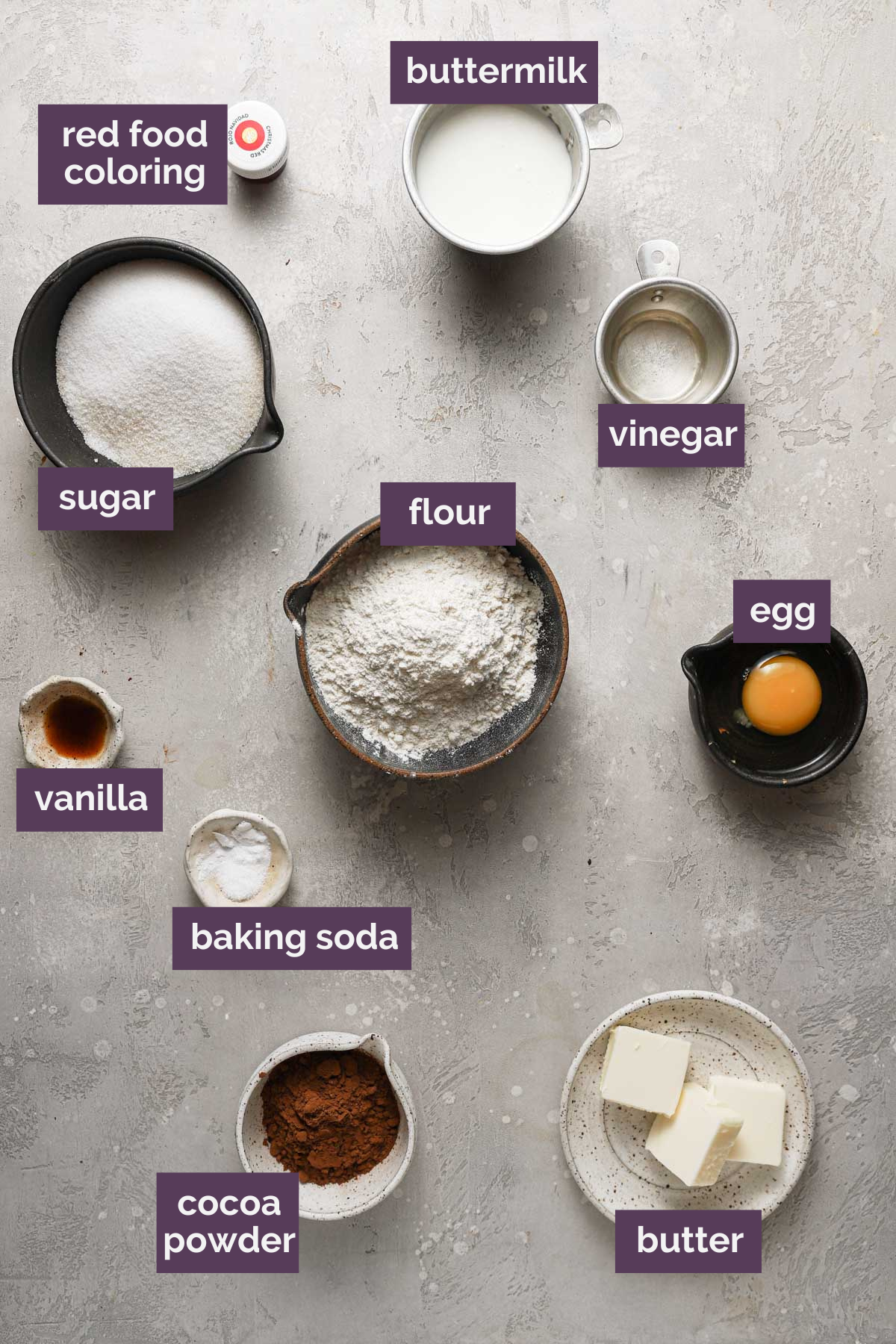 Ingredients for red velvet cupcakes prepped and labeled.