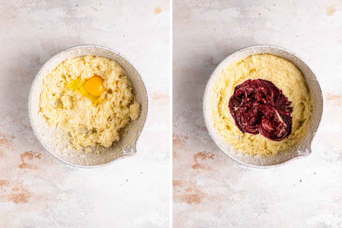 Process photos of mixing together the batter for red velvet cake layers.