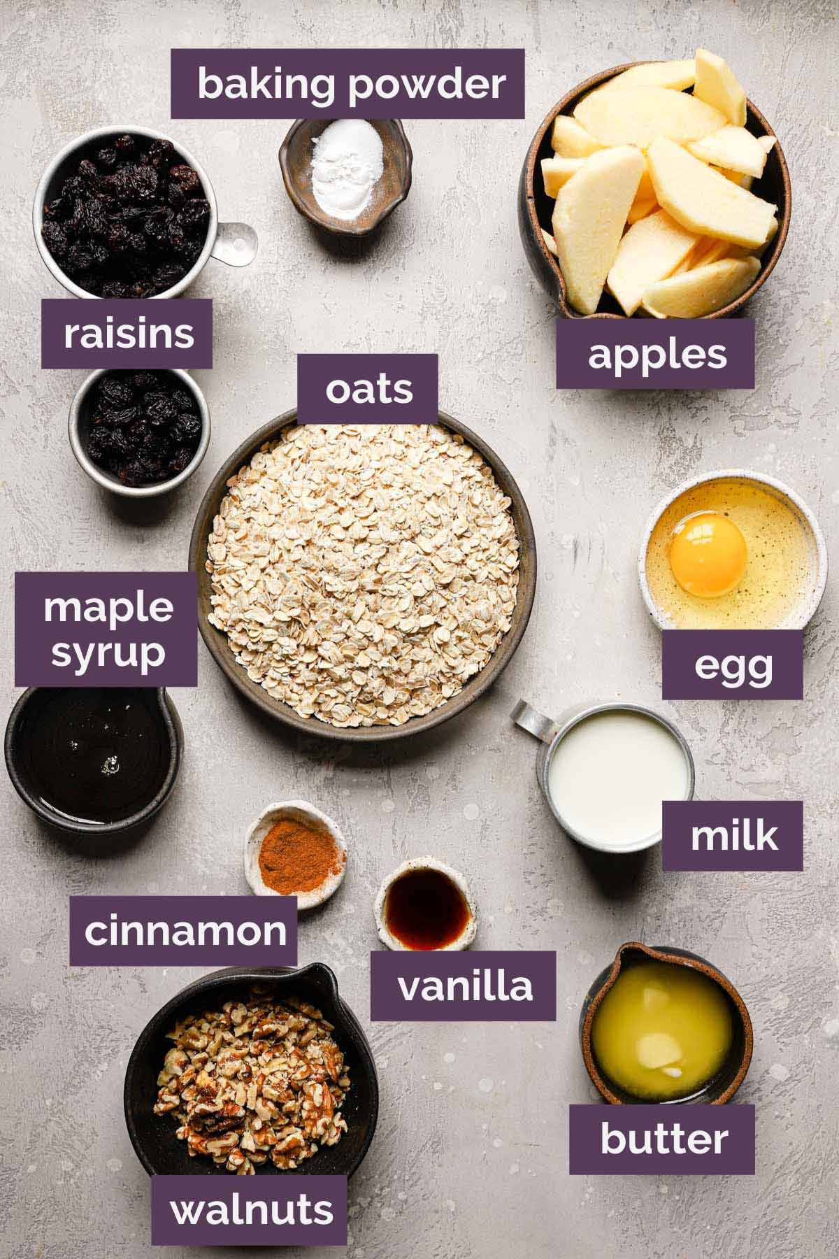 Ingredients for baked oatmeal prepped and labeled.