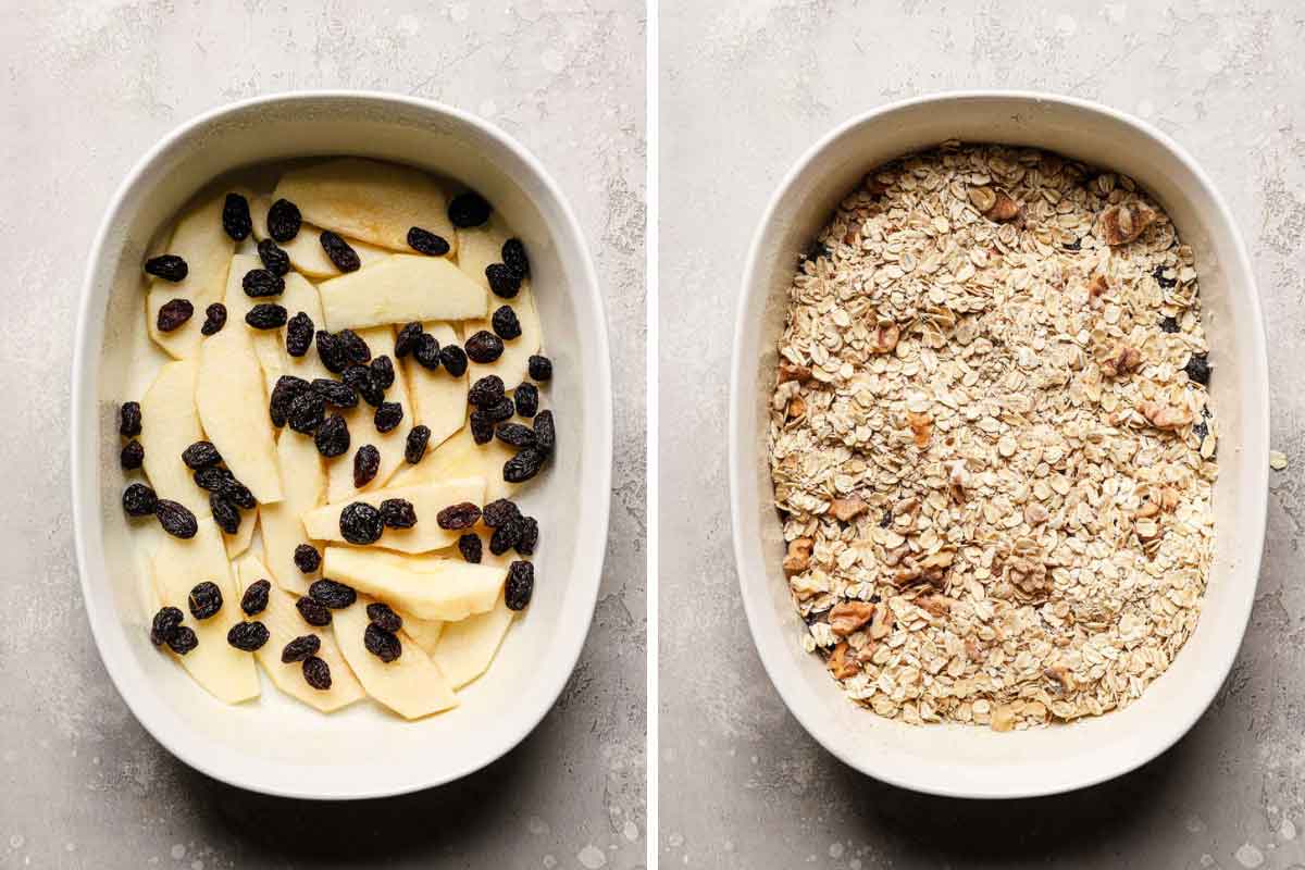 Photo on left of apple slices and raisins in a baking dish; photo on right shows oat mixture spread over the fruit.