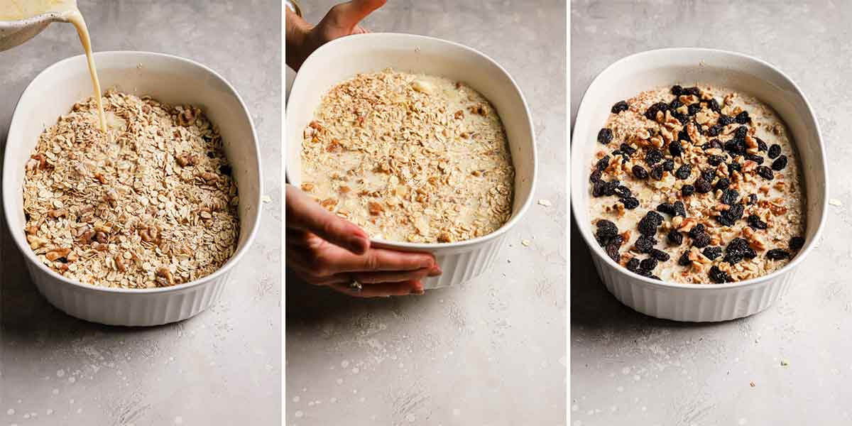 Three photo collage of wet ingredients being poured into the baking dish and dispersed evenly.