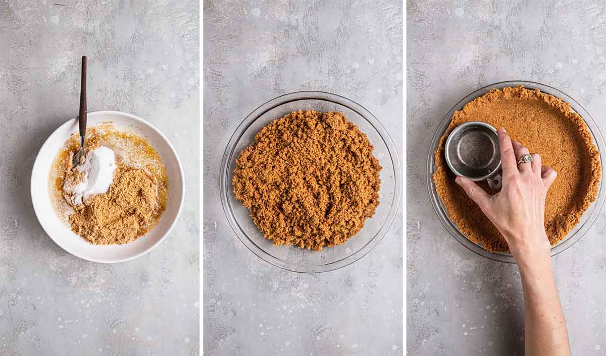 Graham cracker crumbs and coconut being mixed with sugar and melted butter, then pressed into a pie plate.