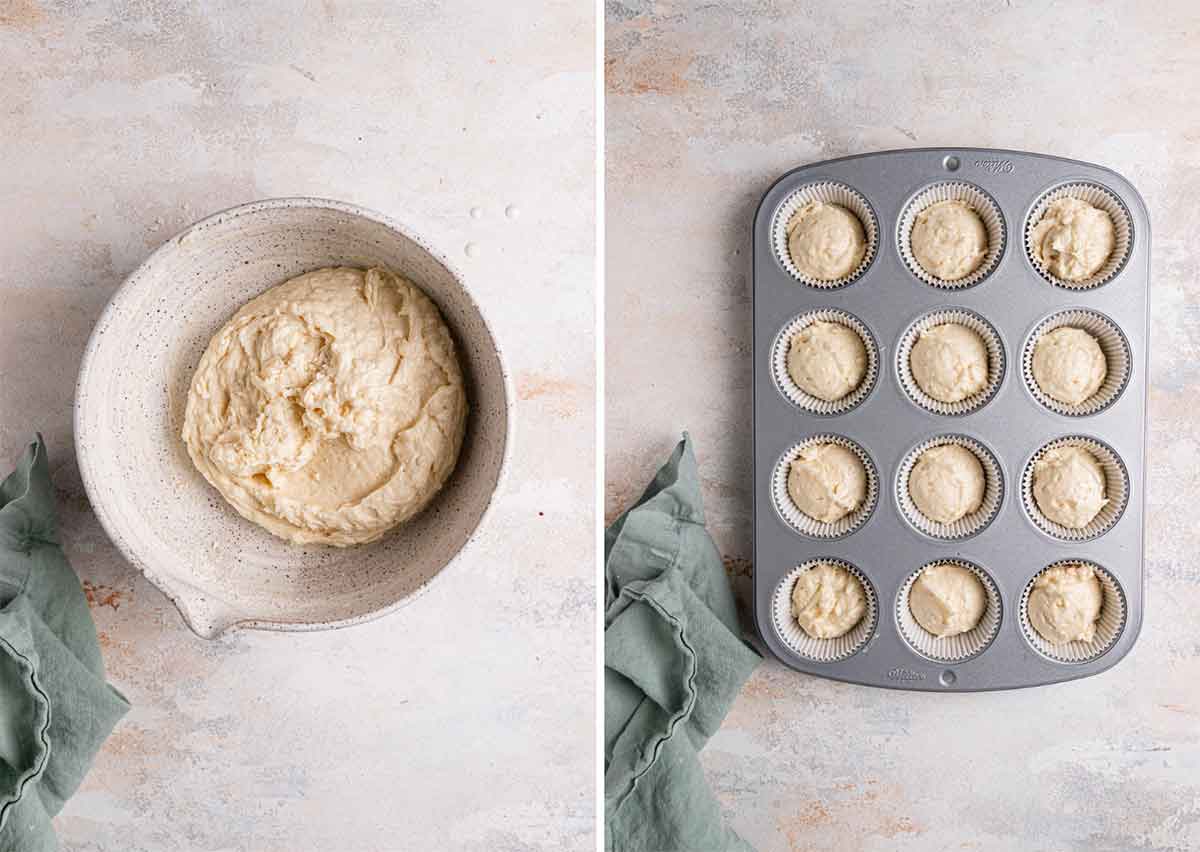 Coconut cupcake batter divided in a muffin tin prior to baking.