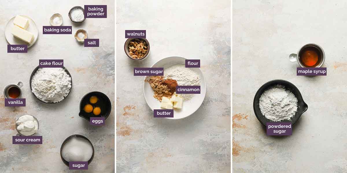 A three-photo collage of all the ingredients needed for the coffee cake, streusel, and glaze, all prepped and labeled.