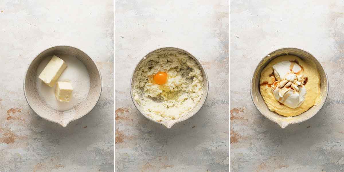 Three photo series of mixing together the butter, sugar, and wet ingredients for the coffee cake.