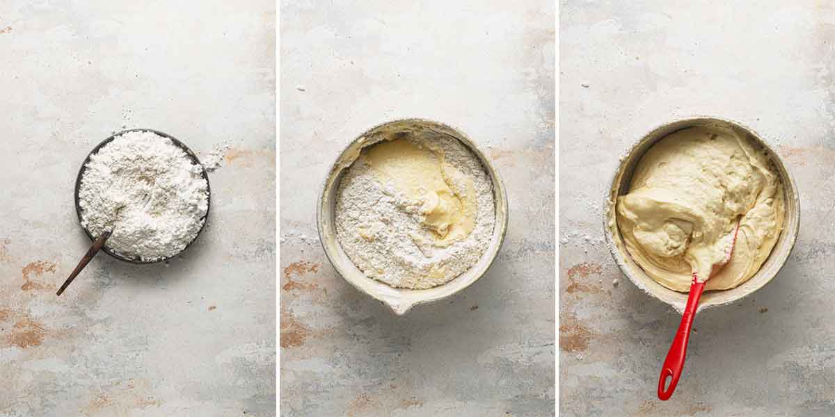 Three photo series of dry ingredients being added to and mixed into the coffee cake batter.