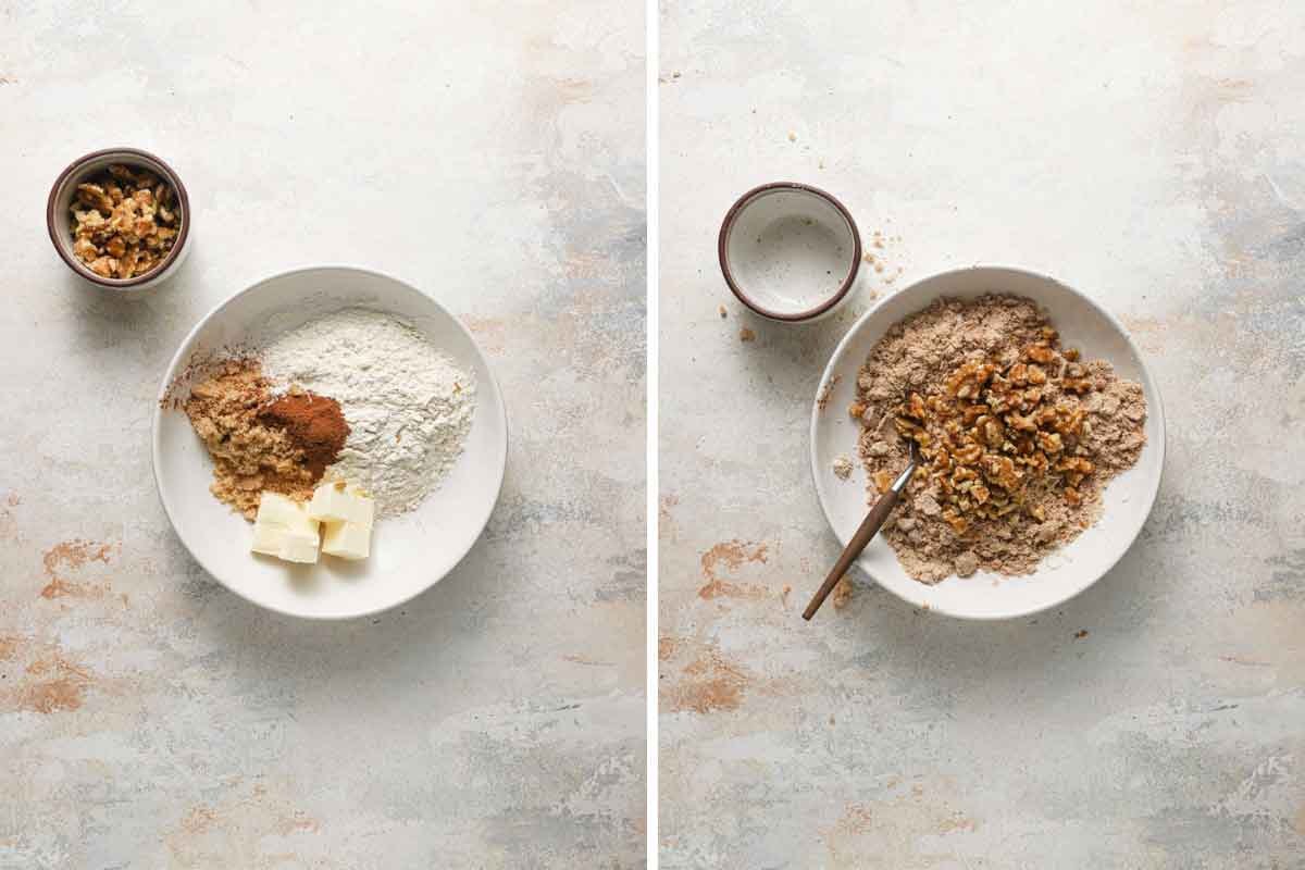 Streusel for the filling and top of the coffee cake mixed together in a white bowl.