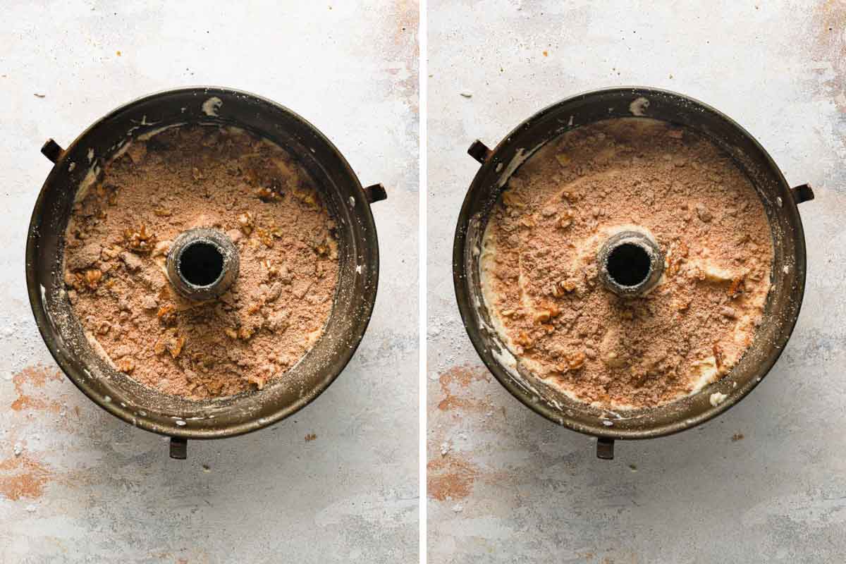 Sour cream coffee cake assembled with alternating layers of cake batter and streusel in a tube pan.