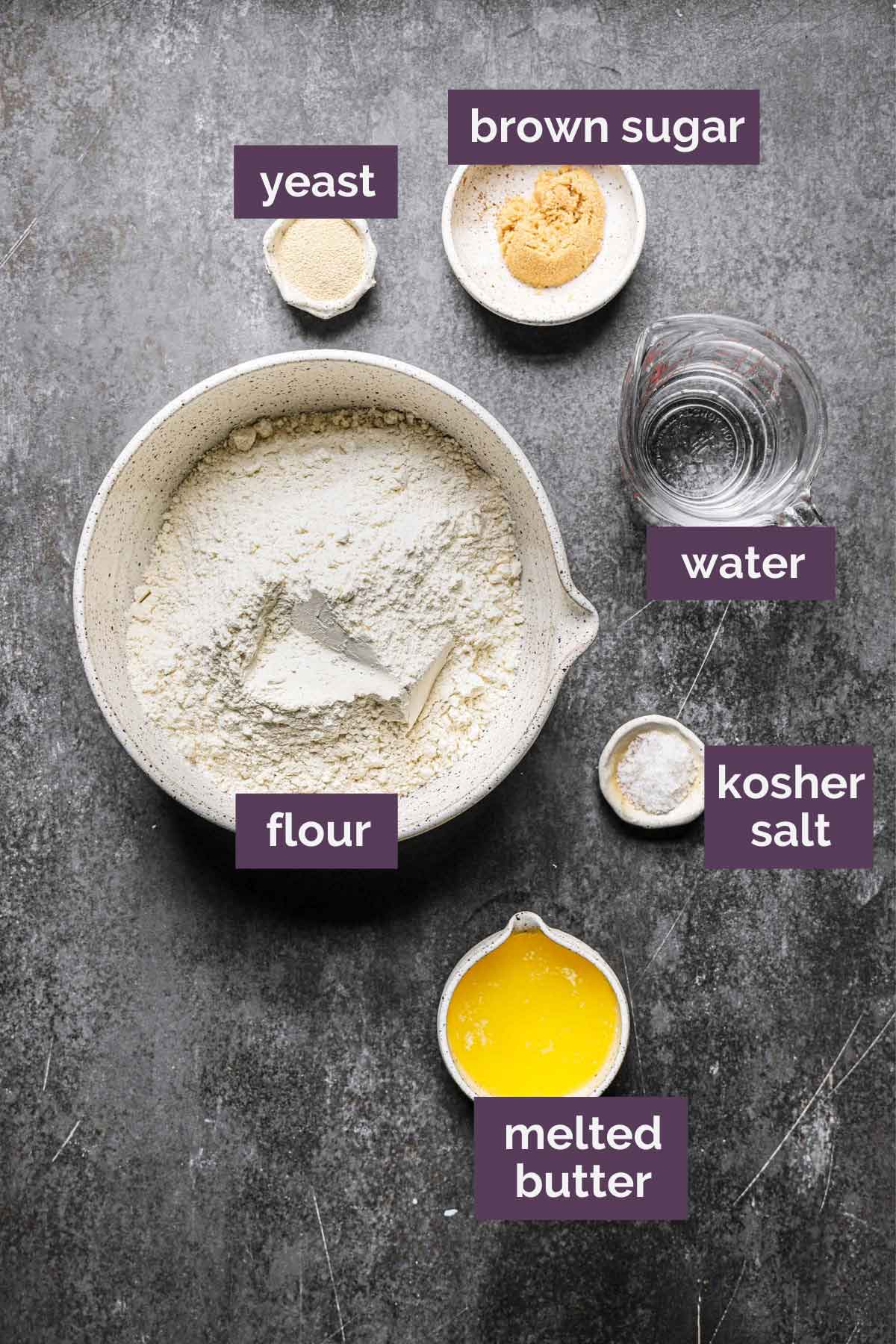 Ingredients for homemade soft pretzels prepped and labeled.