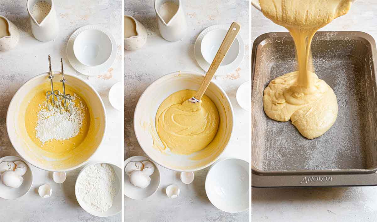 Final mixing of tres leches cake batter, than pouring the batter into prepared cake pan.